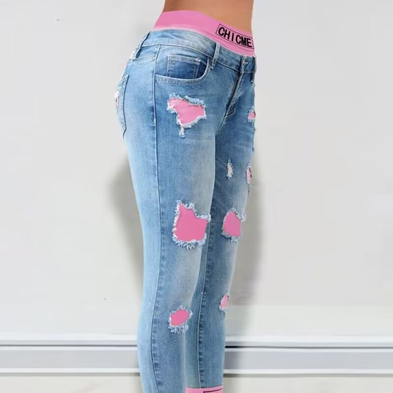 Fashion Colorblock Rolled Hem Distressed Cropped Jeans