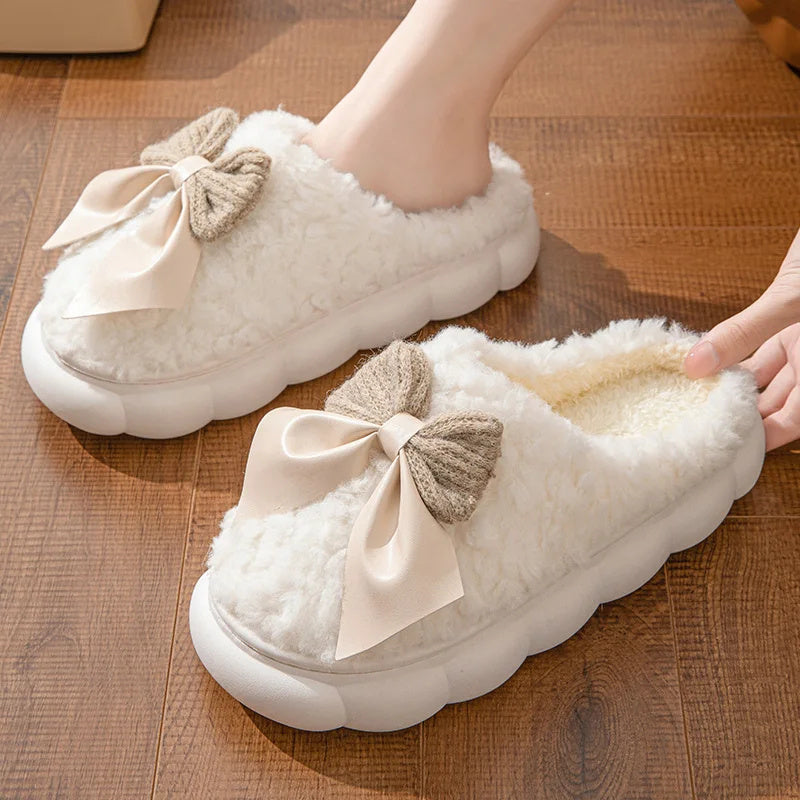 Winter Warm Fur Slippers For Women Cute Bow House Non Slip Soft Shoes