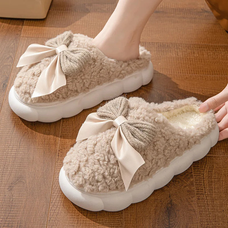 Winter Warm Fur Slippers For Women Cute Bow House Non Slip Soft Shoes