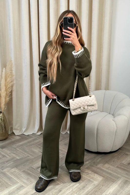 Women's Suit Fashion Pullover Split Long-sleeved Top And Loose Straight Pants Solid Color Two-piece Set