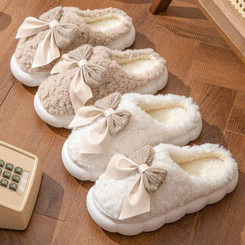 Winter Warm Fur Slippers For Women Cute Bow House Non Slip Soft Shoes