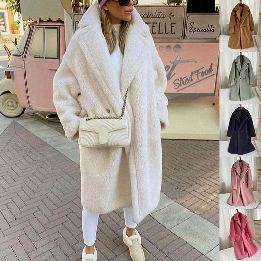 Lapel Lamb Fleece Coat With Pockets Faux Fur Coat Winter