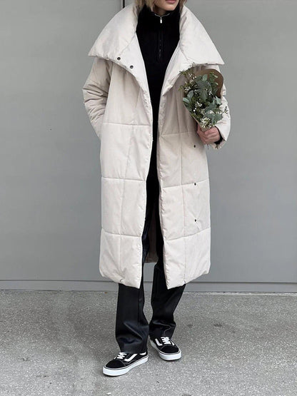 Fashion Large Lapel Long Coat Winter Warm Cotton Jacket With Pockets And Lace-up Design Casual