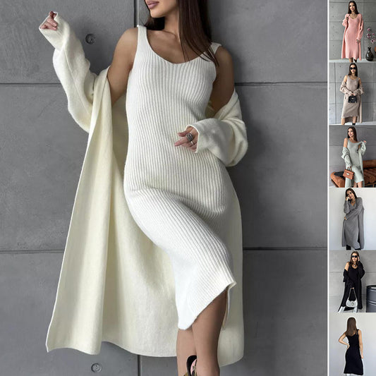 2pcs Knitted Suit Fashion Slim Sleeveless Long Dress