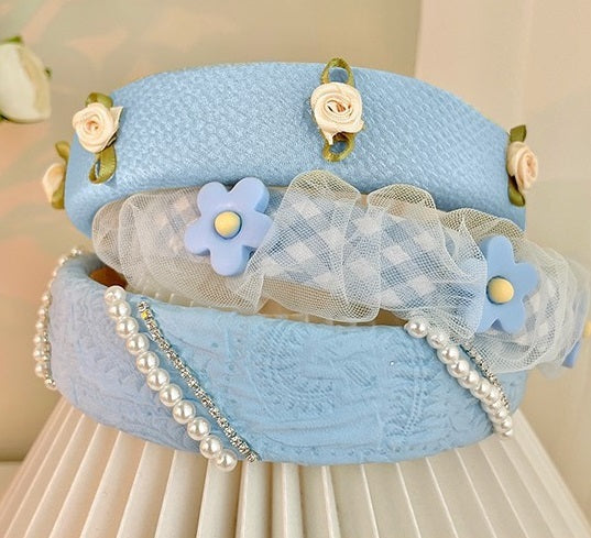 Mesh Pearl Small Flower Blue Color Face Wash Hair Bands Female