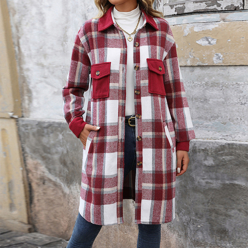 New Brushed Plaid Long Coat With Pockets Fashion Winter