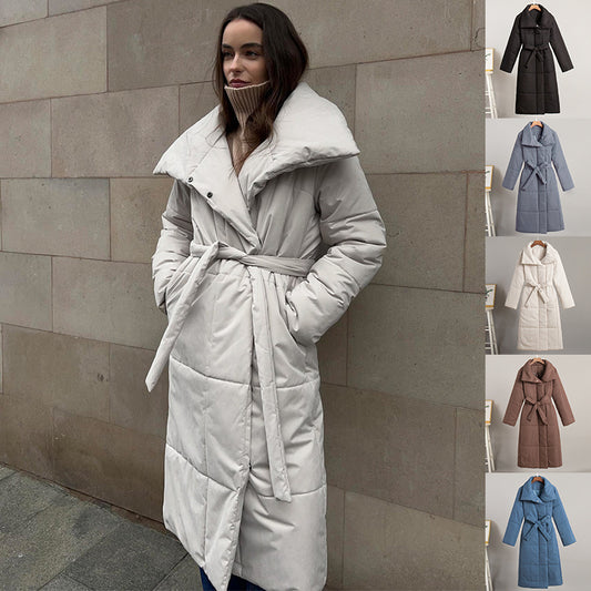 Fashion Large Lapel Long Coat Winter Warm Cotton Jacket With Pockets And Lace-up Design Casual