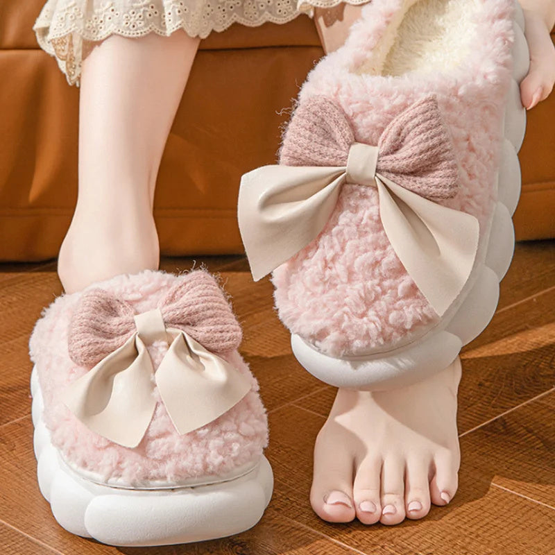 Winter Warm Fur Slippers For Women Cute Bow House Non Slip Soft Shoes