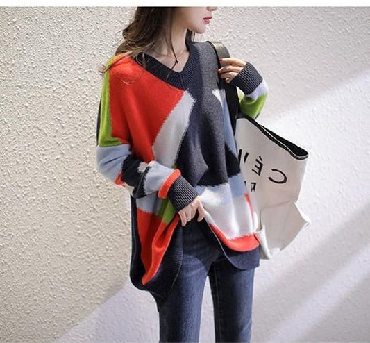 Women's V-neck Rainbow Color Idle Style Knitted Sweater