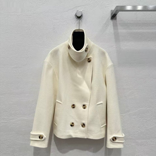 Elegant Stand Lapel Double Pocket Cashmere Short Jacket Coat