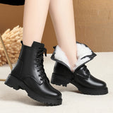 Women's Round Toe Cotton-padded Side Zipper Low Heel Casual Cowhide Shoes