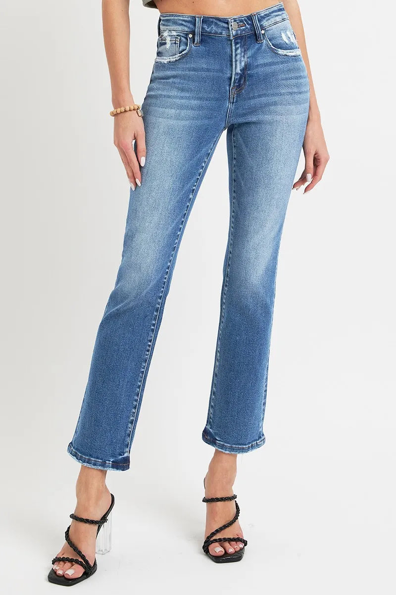 RISEN Full Size Mid Rise Ankle Straight Jeans With Pockets