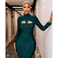 Dark Green Stand Collar Long Sleeve Slim Fit Bandage Dress