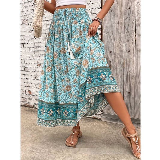 Women's Fashion Waist-controlled Simple Floral Print Tassel Skirt