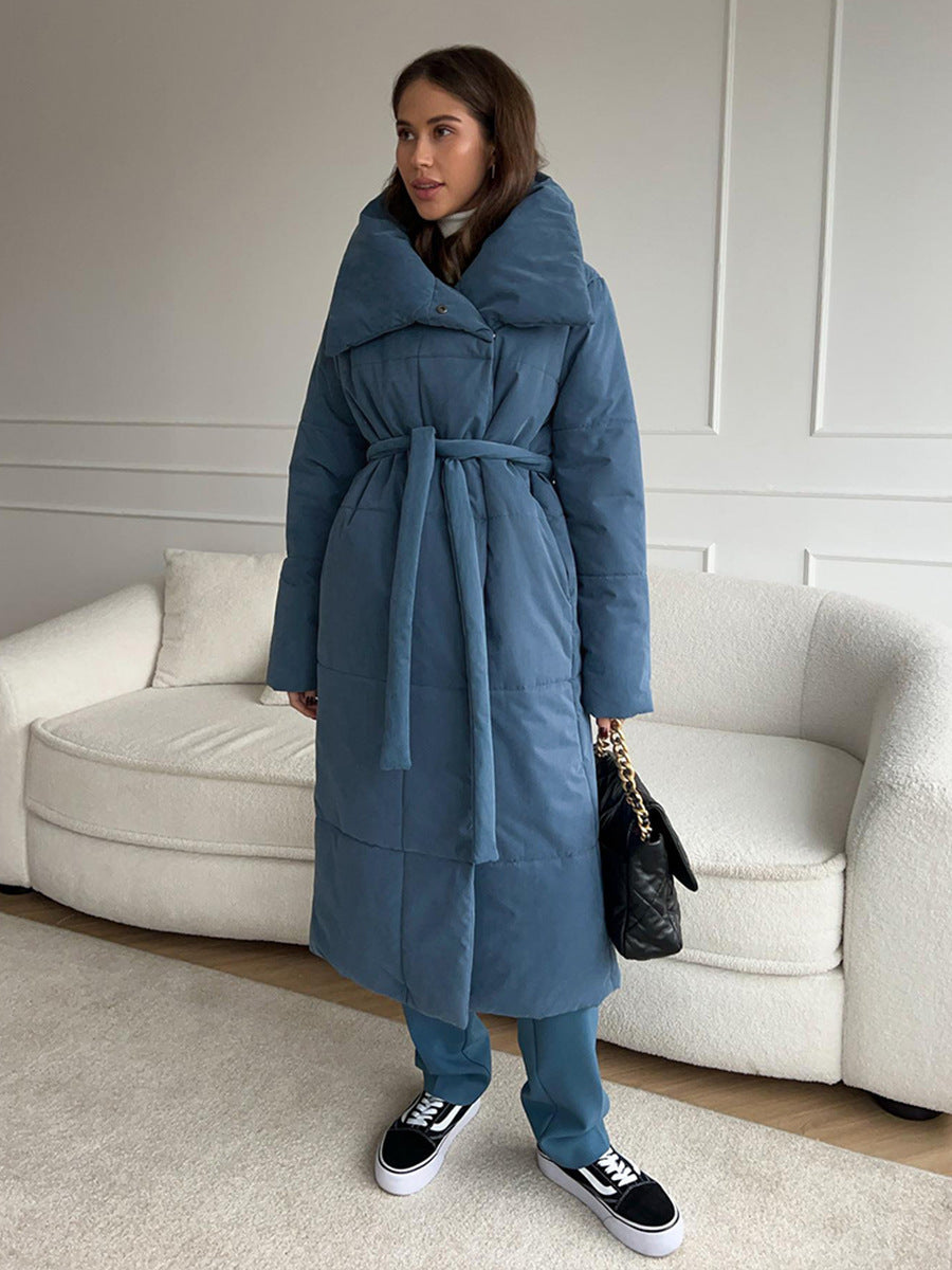 Fashion Large Lapel Long Coat Winter Warm Cotton Jacket With Pockets And Lace-up Design Casual