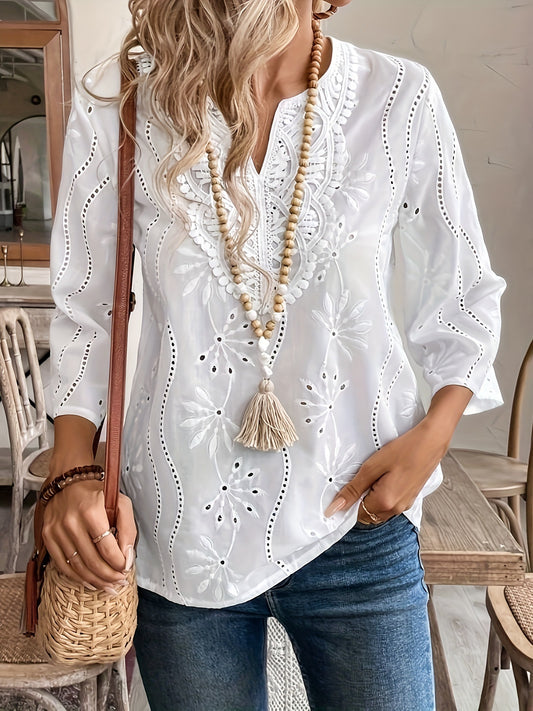 Loose V-neck Temperament Commute Embroidered Bell Sleeve Lace Top