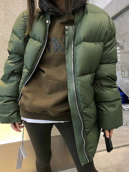 Warm Dark Green Collarless Cotton Coat Jacket Women