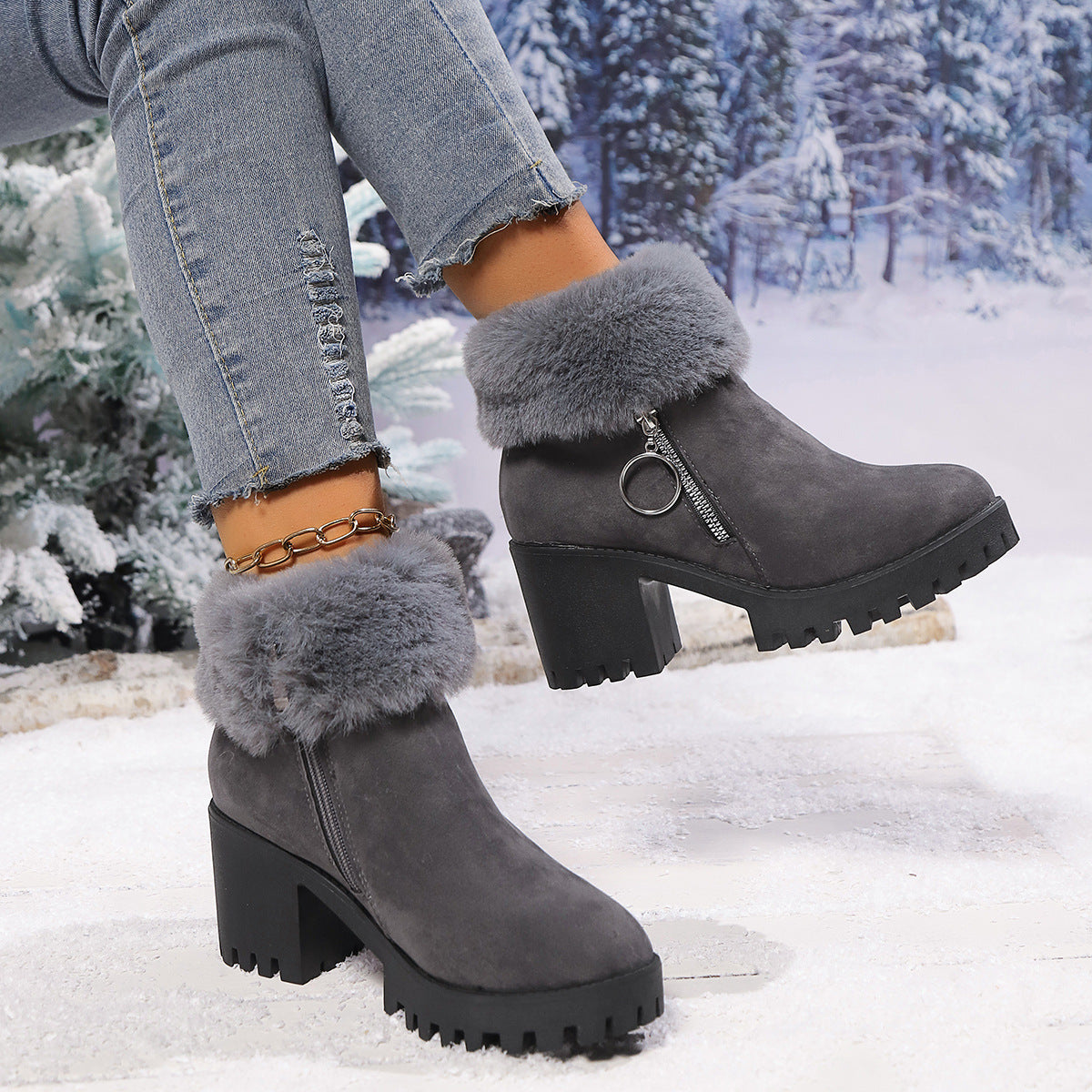 Snow Velvet Thermal und verdickende kurze Stiefel für Damen mit dickem Absatz