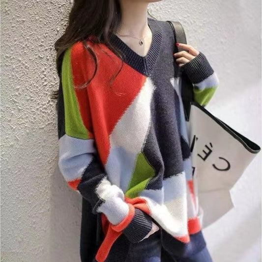 Women's V-neck Rainbow Color Idle Style Knitted Sweater