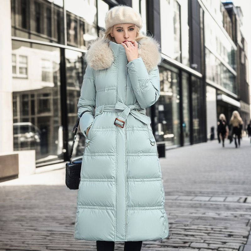 Winter Slim Long Jacket With Fur Hood And Belt Fashion