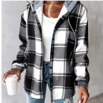 European And American Fashion Women's Wear Solid Color Plaid Hooded Jacket