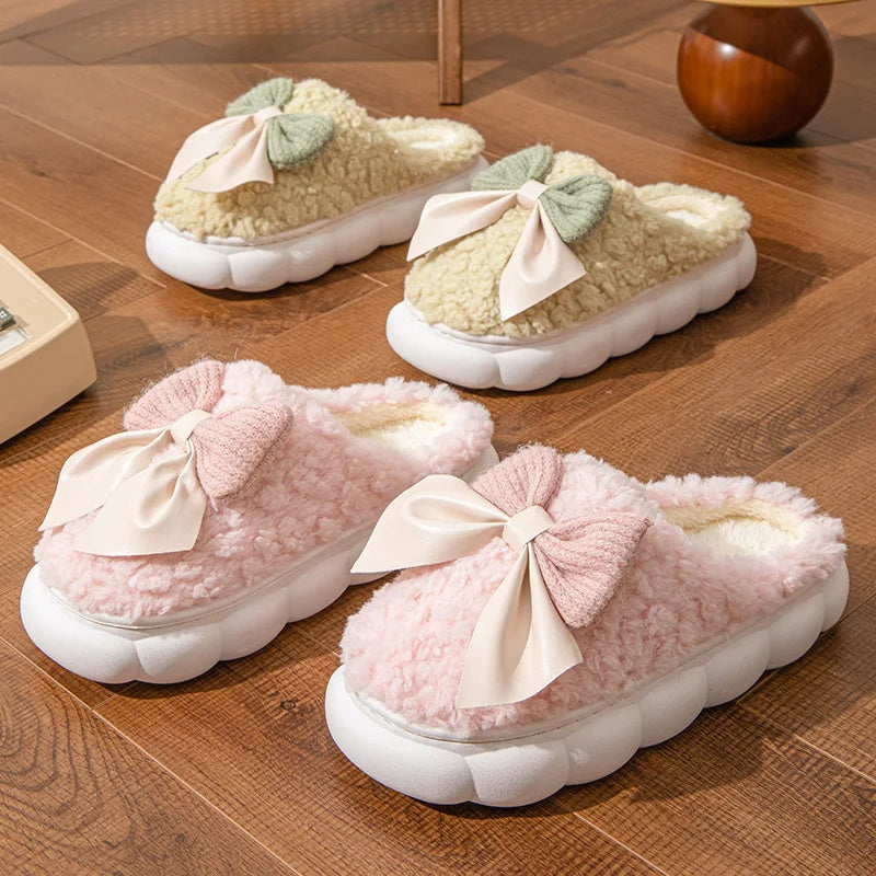 Winter Warm Fur Slippers For Women Cute Bow House Non Slip Soft Shoes