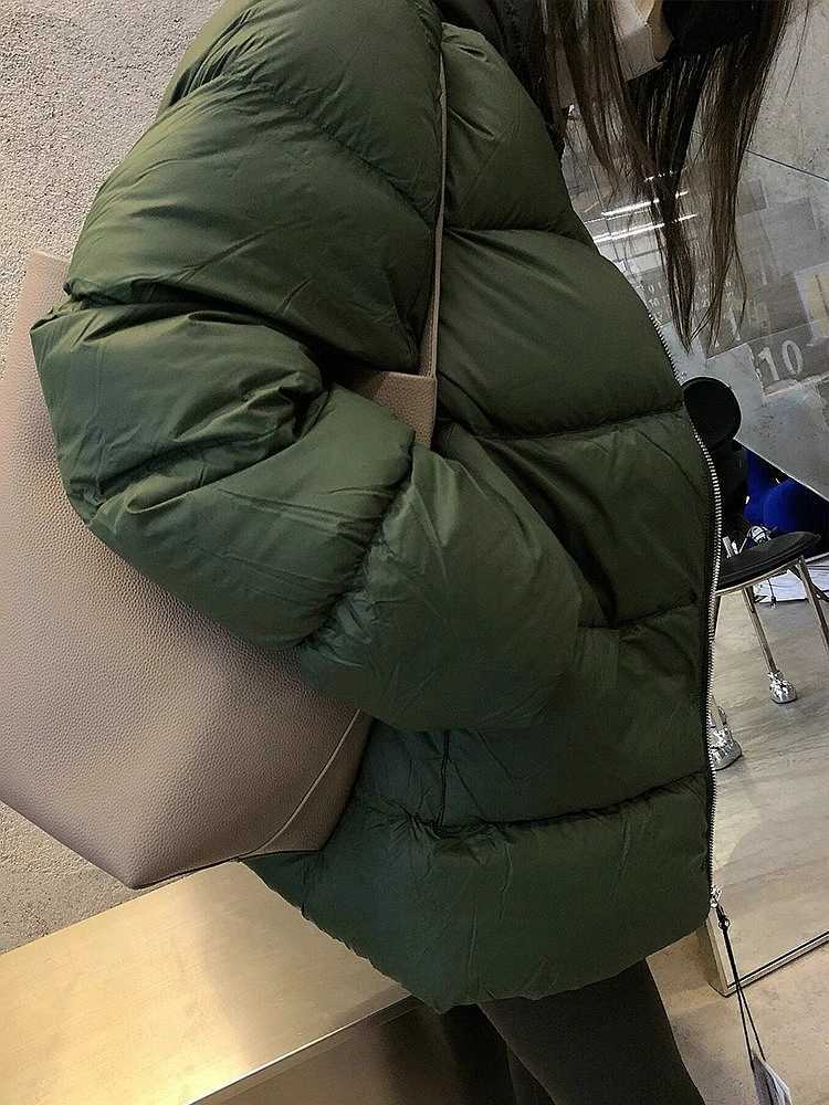 Warm Dark Green Collarless Cotton Coat Jacket Women