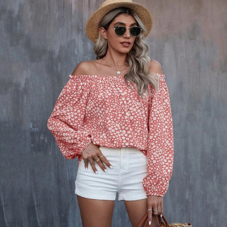 Women's Off-shoulder Printed Long Sleeve Loose Shirt