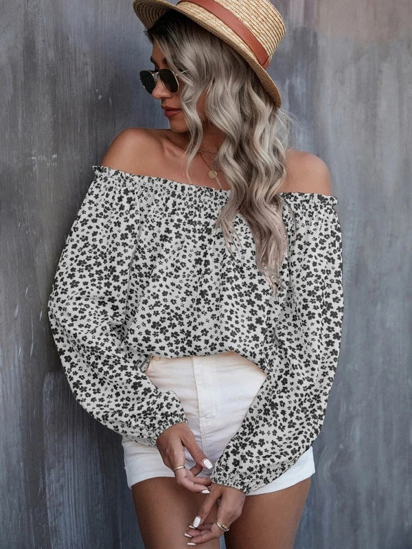 Women's Off-shoulder Printed Long Sleeve Loose Shirt