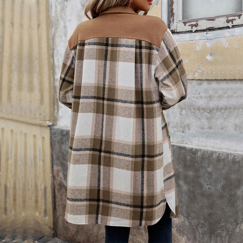 New Brushed Plaid Long Coat With Pockets Fashion Winter