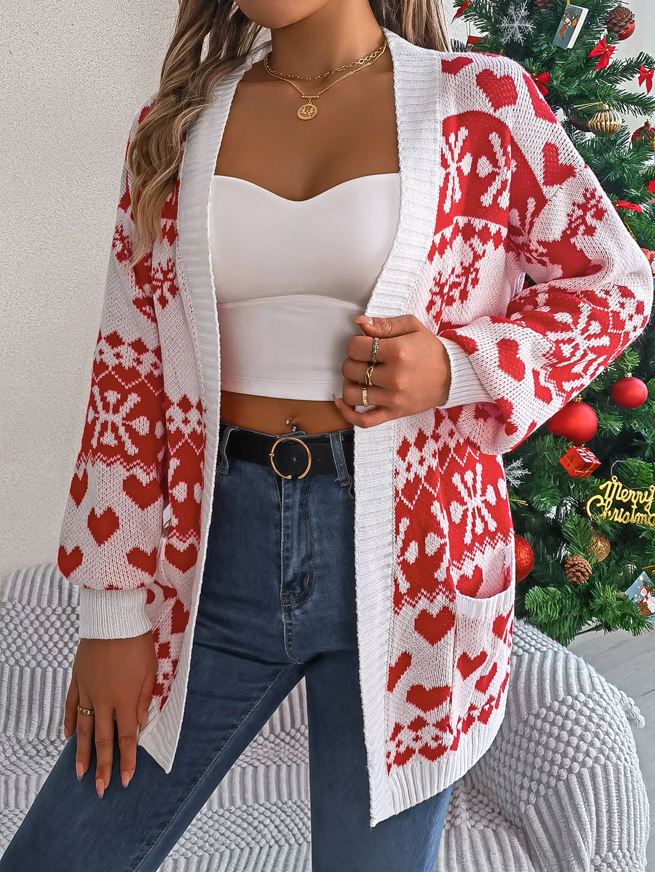 Cardigan Knitwear Lantern Sleeve Xmas Printed Oversized Deer Sweater Pockets Knitted