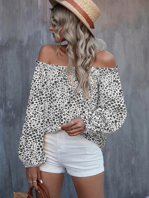 Women's Off-shoulder Printed Long Sleeve Loose Shirt