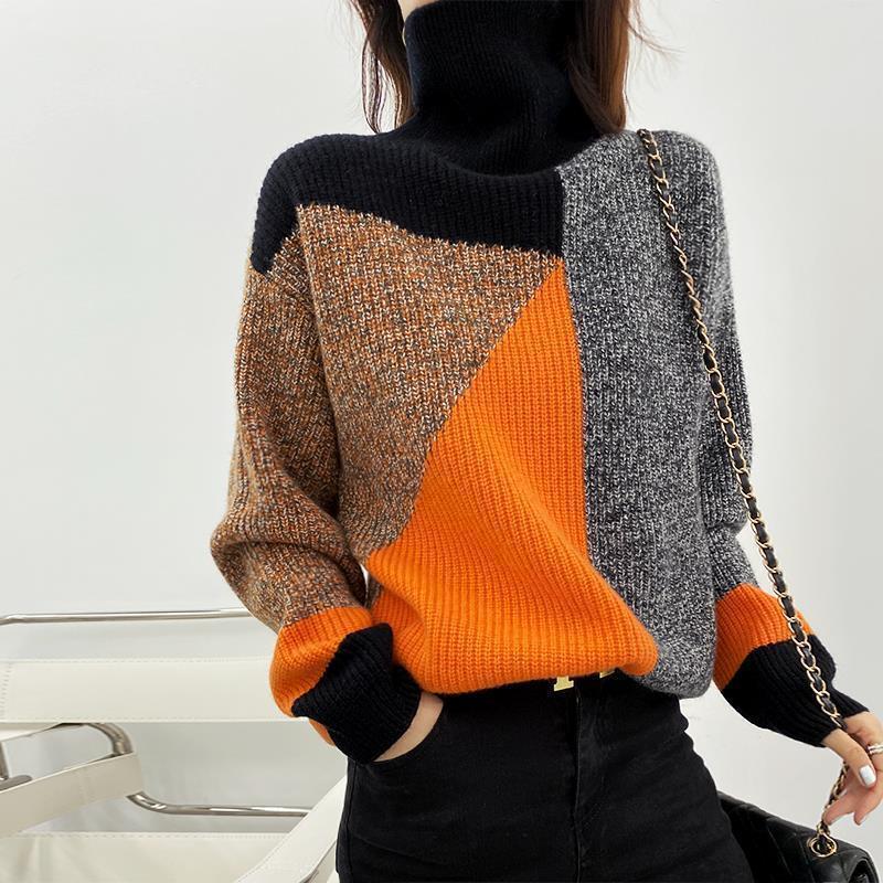 Retro Patchwork Contrast Color Turtleneck Fashionable Sweater