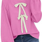 Women's Round Neck Front Lace-up Bow T Pullover Split Long Sleeve Shirt