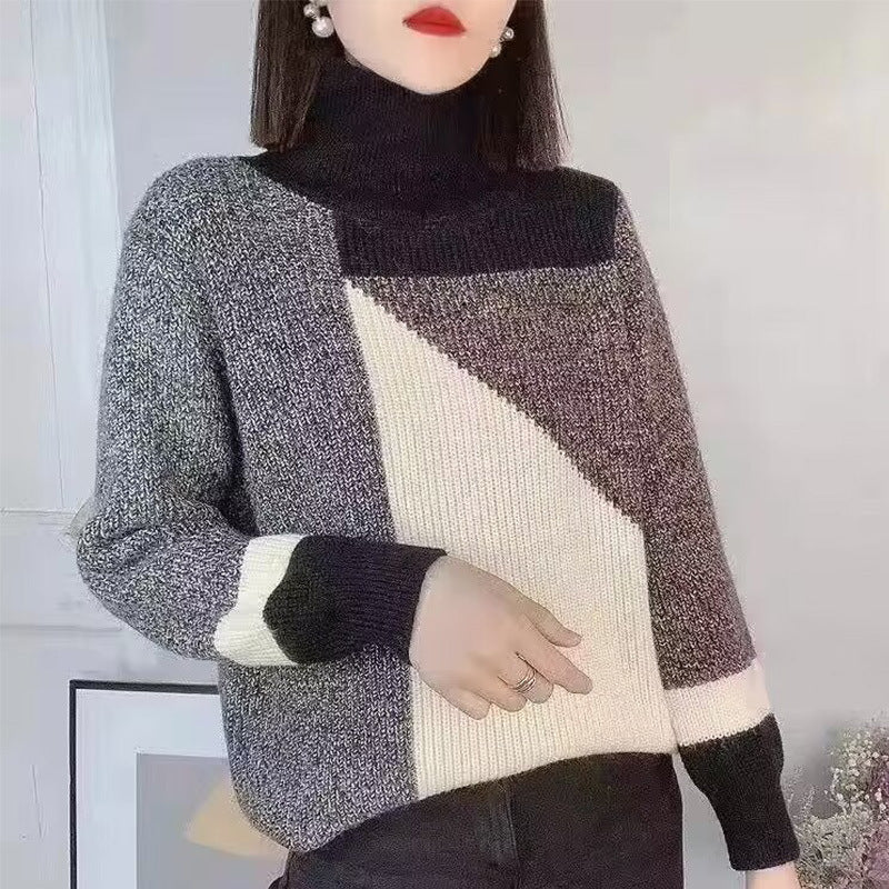 Retro Patchwork Contrast Color Turtleneck Fashionable Sweater