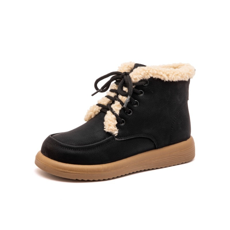 Schnürstiefeletten aus Plüsch mit warmem Fleece, flache Schuhe für Damen, modisch, lässig, Stiefeletten