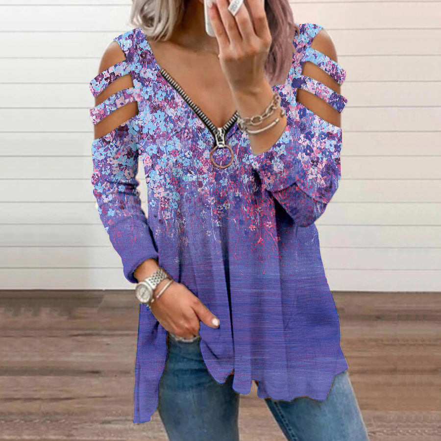 Small Floral V-neck Zipper Off-shoulder Long-sleeved Top