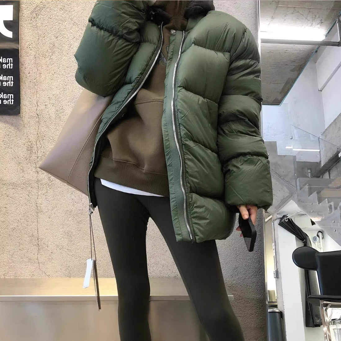 Warm Dark Green Collarless Cotton Coat Jacket Women