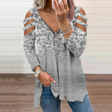 Small Floral V-neck Zipper Off-shoulder Long-sleeved Top