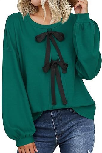 Women's Round Neck Front Lace-up Bow T Pullover Split Long Sleeve Shirt