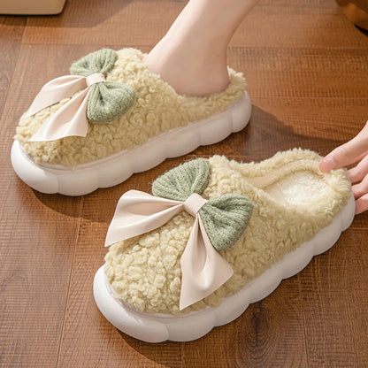 Winter Warm Fur Slippers For Women Cute Bow House Non Slip Soft Shoes