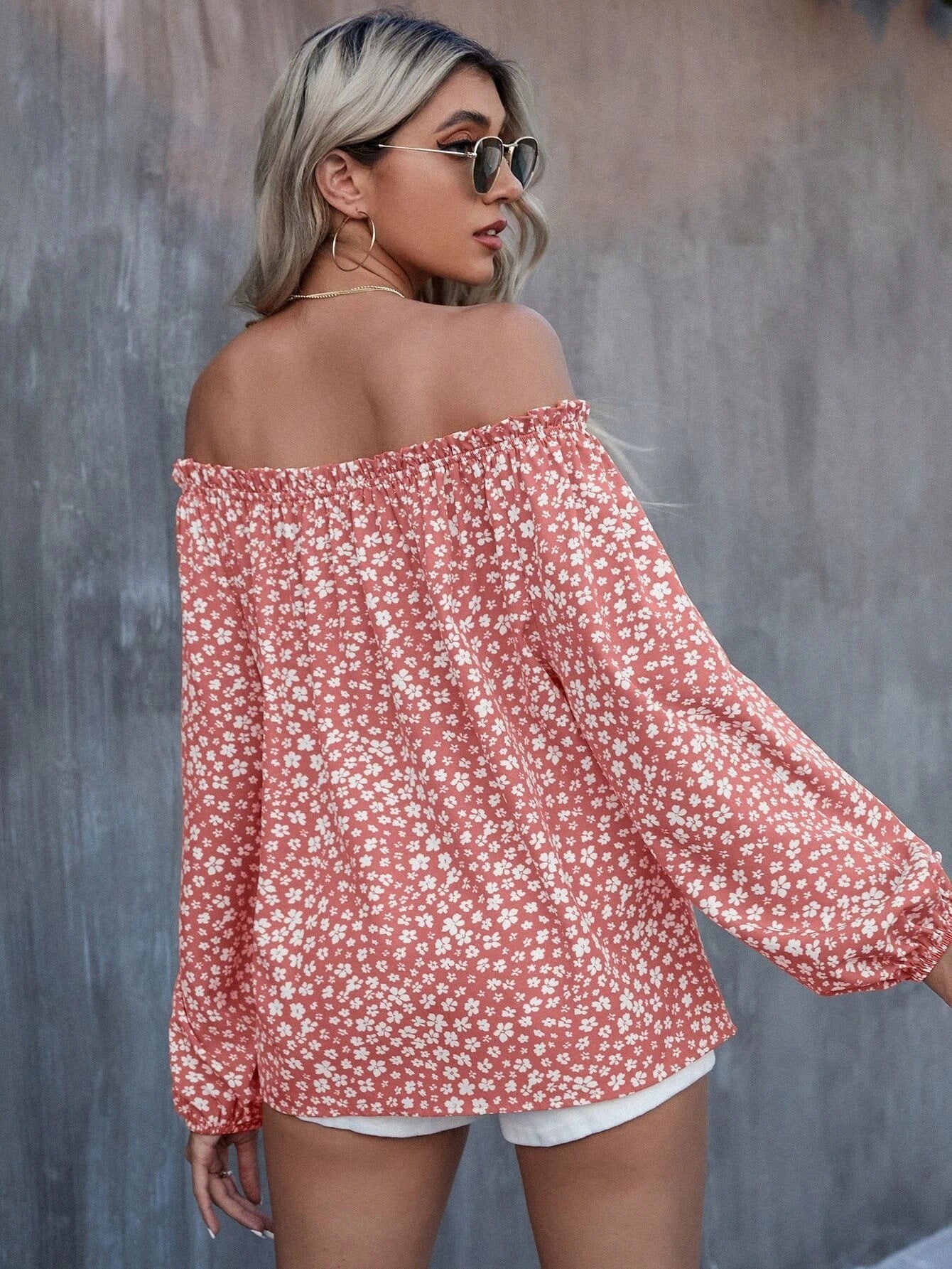 Women's Off-shoulder Printed Long Sleeve Loose Shirt