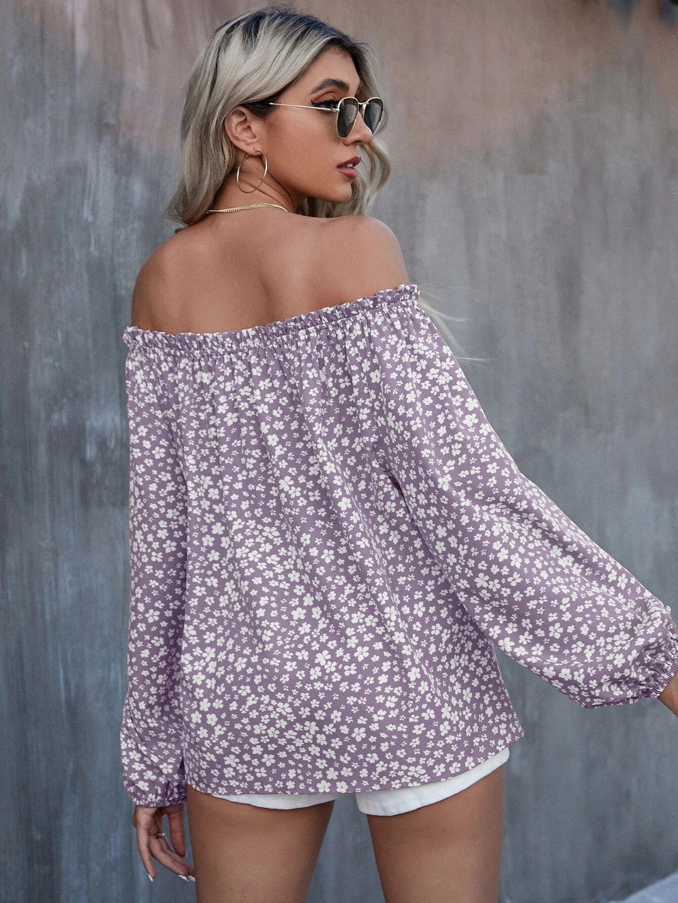 Women's Off-shoulder Printed Long Sleeve Loose Shirt