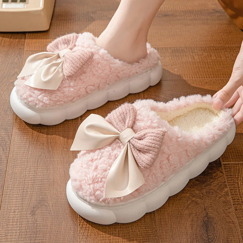 Winter Warm Fur Slippers For Women Cute Bow House Non Slip Soft Shoes