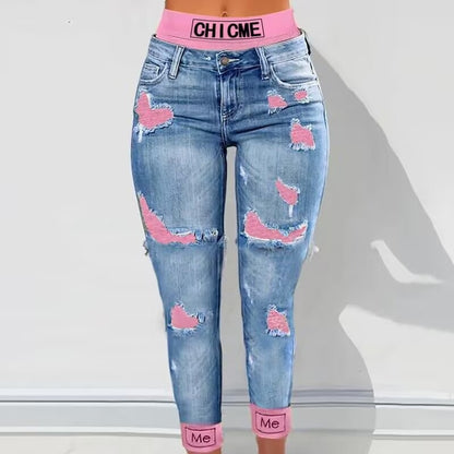 Fashion Colorblock Rolled Hem Distressed Cropped Jeans