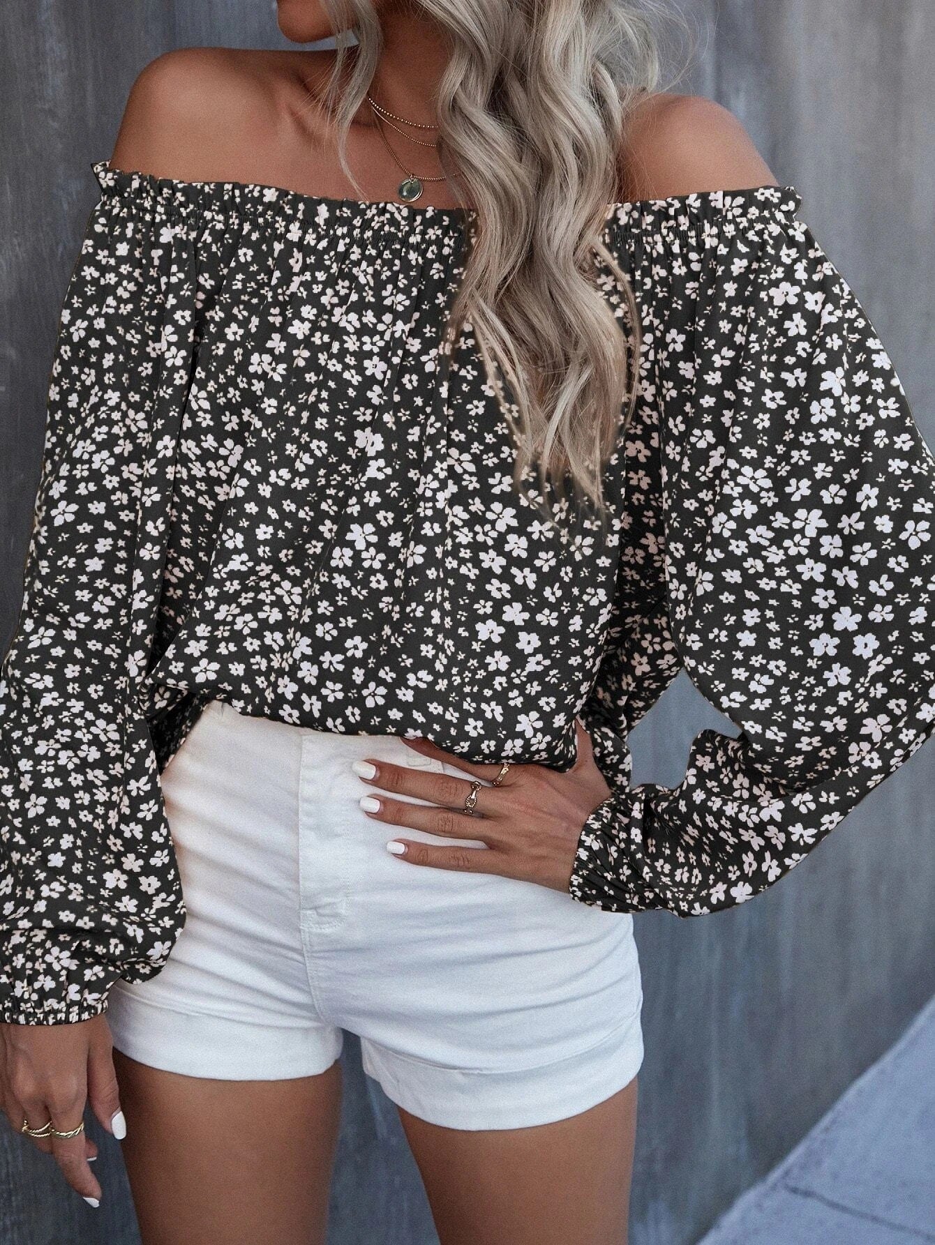 Women's Off-shoulder Printed Long Sleeve Loose Shirt