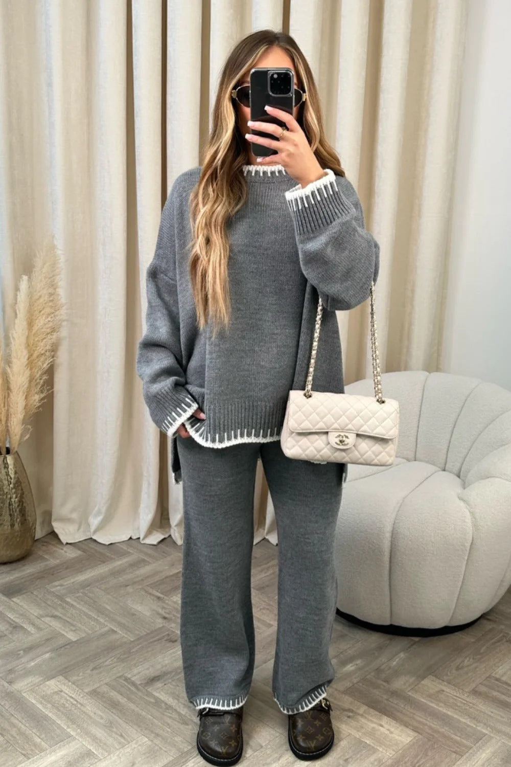 Women's Suit Fashion Pullover Split Long-sleeved Top And Loose Straight Pants Solid Color Two-piece Set