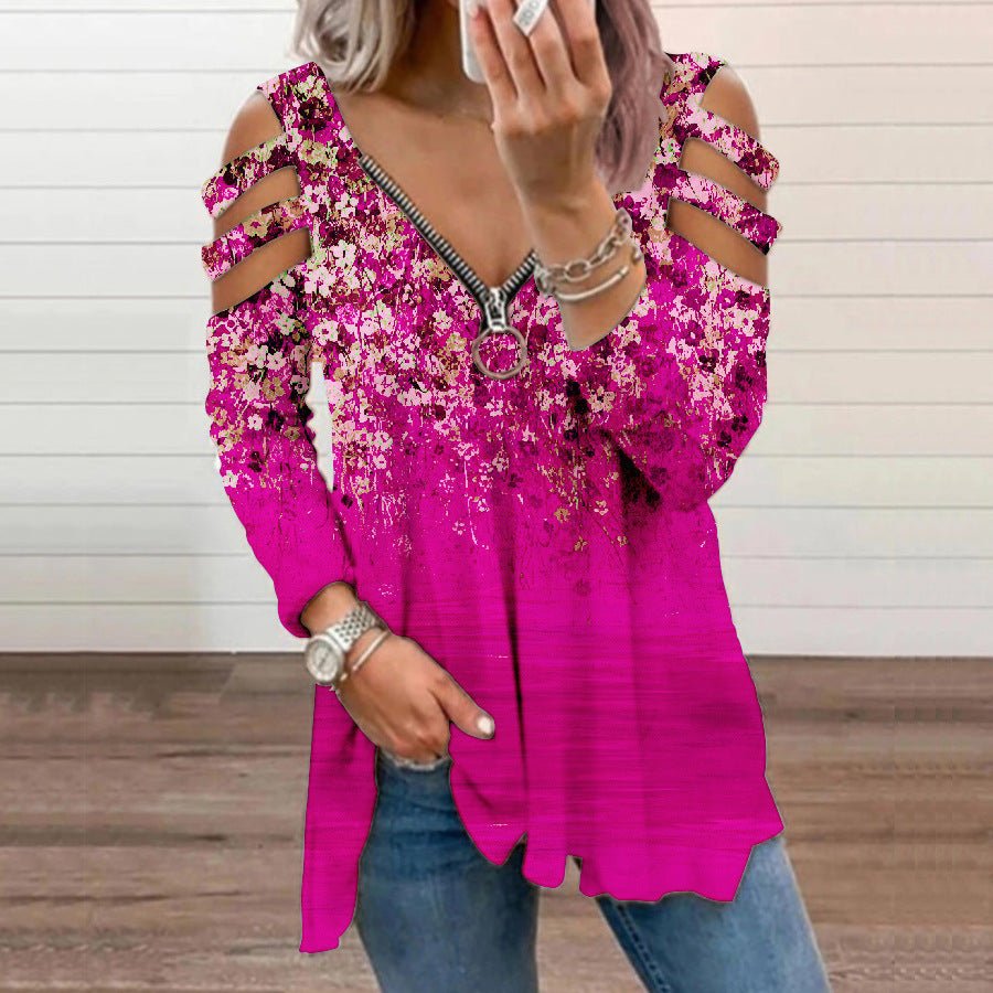 Small Floral V-neck Zipper Off-shoulder Long-sleeved Top