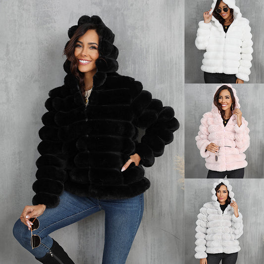 Women's Striped Hooded Imitation Fur Short Jacket