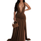 European And American Elegant Halter V-neck Dress Sexy Slit Pleated Backless Dress